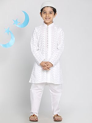 White Pure Cotton Mango Motif Kurta And Cotton Blend Pajama With Prayer Cap