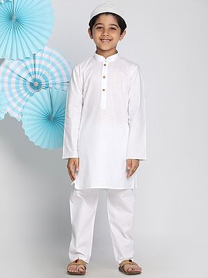 Pure Cotton Plain White Kurta Pajama With Prayer Cap