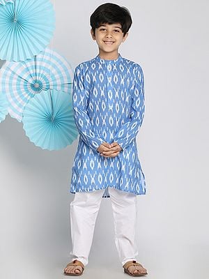 Aqua-Blue Traditional Cotton Ikkat Print Kurta With White Pajama
