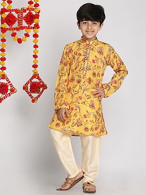 Muslin Blend Floral Printed Gotta Border Mustard Kurta And Viscose Cream Pajama