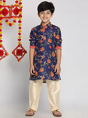 Navy-Blue Muslin Blend Bird-Floral Printed Kurta With Viscose Cream Pajama