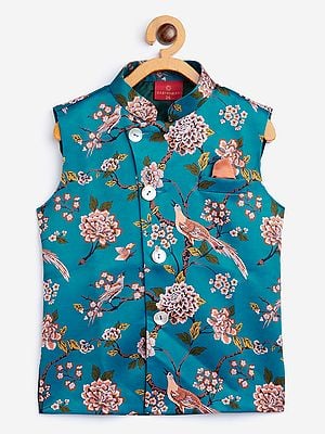 Turquoise Silk Blend Bird-Floral Digital Printed Modi Jacket