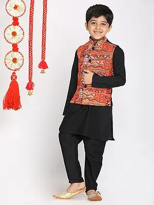 Georgette Kutch Embroidered Kediyu Multicolored Jacket With Black Viscose Kurta Pajama