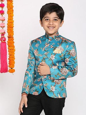 Turquoise Silk Blend Digitally Printed Jodhpuri Jacket