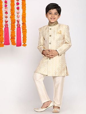 Gold-Beige Zardosi Embroidered Neck Silk Blend Sherwani With Viscose Churidar Pajama