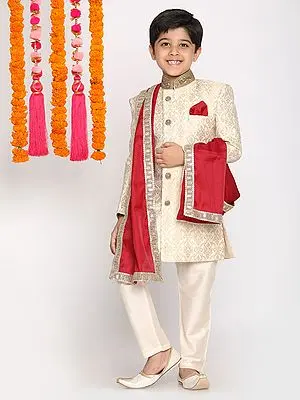 Cream Silk Blend Jacquard Sherwani With Viscose Pajama And Maroon Dupatta