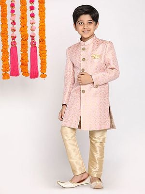 Silk Blend Pink Jacquard Sherwani With Gold Churidar Pajama