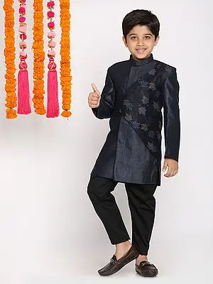 Silk Blend Designer Indowestern Navy-Blue Sherwani With Viscose Pant Style Pajama