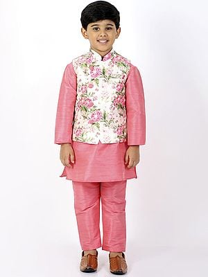 Pink Silk Blend Floral Printed Kurta Pajama With Jacket