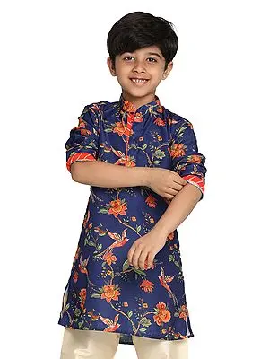 Blue Muslin Floral-Bird Printed Kurta