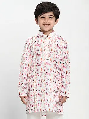 White Cotton Blend Digital Floral Print Kurta with Princess Line Detailing and Embellished Border