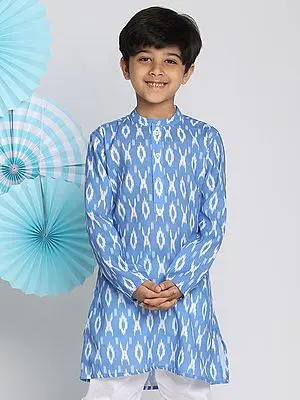 Aqua Cotton Blend Ikkat Print Flat Collar Kurta