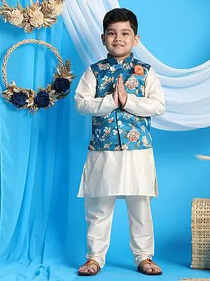 Turquoise Silk Blend Digital Floral-Bird Printed Modi Jacket With Viscose Cream Kurta Pajama