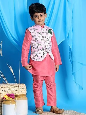 Silk Blend Pink Kurta Pajama And Floral Printed Modi Jacket