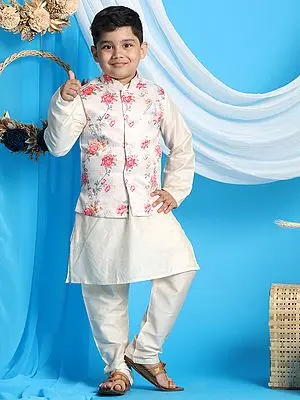Silk Blend Printed Peach Modi Jacket With Viscose Cream Kurta Pajama