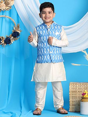 Viscose Cream Kurta Pajama With Aqua Ikkat Pattern Print Cotton Blend Modi Jacket