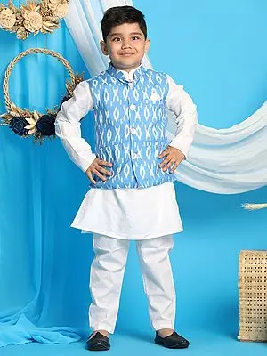 Cotton Blend Ikkat Digital Print Aqua Modi Jacket With White Kurta Pajama