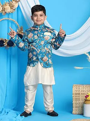 Cream Viscose Kurta Pajama With Silk Blend Digital Bird-Floral Printed Turquoise Jodhpuri