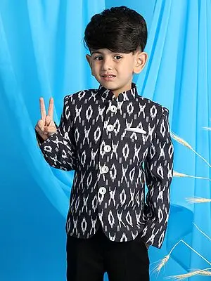 Black Cotton Blend Ikkat Pattern Jodhpuri Coat