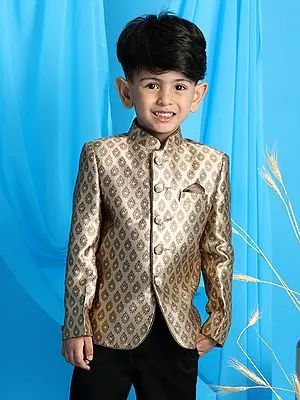 Coffee Silk Blend Self Woven Bracode Jodhpuri Coat