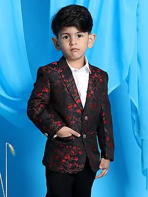 Black Self Woven Floral Pattern Silk Blend Blazer