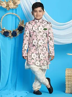 Silk Blend Phool Printed Indowestern Pink Sherwani With Viscose Cream Kurta Pajama
