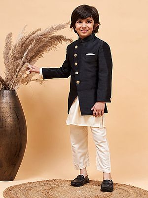 Silk Blend Angrakha Style Indo Western Sherwani With Viscose Cream Kurta Pajama
