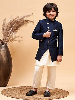 Silk Blend Angrakha Style Indo Western Sherwani With Viscose Cream Kurta Pajama