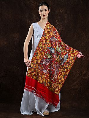 Mars-Red Pure Wool Stole from Kashmir with Birds and Flowers Pattern Aari Embroidery by Hand