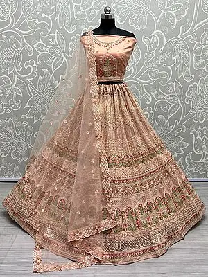 Heavy Net Meena Mughal Motif Lehenga Choli With Mirror, Thread, Zircon-Diamond Embroidery And Soft Net Scalloped Dupatta