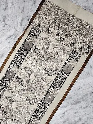 Kalamkari Pen Art Bangalore Silk Ram Darbar Painted Black-White Dupatta