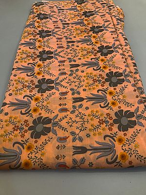 Peach-Orange Floral Pattern Hand Screen Printed Viscose Muslin Silk Fabric