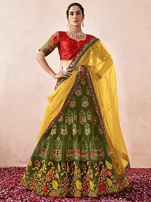 Premium Heavy Net Mughal Motif Multi Thread, Zari, Diamond Work Lehenga With Premium Sartin Silk Choli And Dupatta