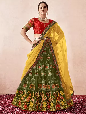 Premium Heavy Net Mughal Motif Multi Thread, Zari, Diamond Work Lehenga With Premium Sartin Silk Choli And Dupatta