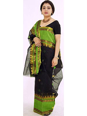 Black and Green Bengal Cotton Sari with Golden Thread Weave