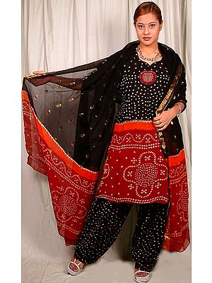 Black and Red Suit with Bandhini Motif