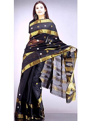 Black Bengal Cotton Sari with Golden Border and Bootis