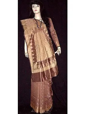 Brown Polyester Woven Sari
