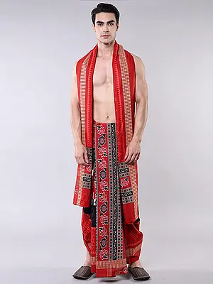 Dual-Color Ikat Printed Dhoti with Angavastram Set and Rudraksha Border from Sambalpur