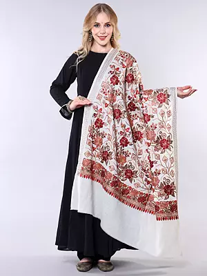 Wool Shawl with Chain Stitch Embroidered Flowers