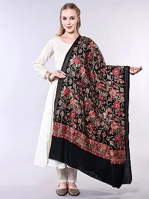 Wool Shawl with Chain Stitch Embroidered Flowers