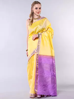 Tussar Silk Saree: Buff-Yellow with Zari Peacock Border