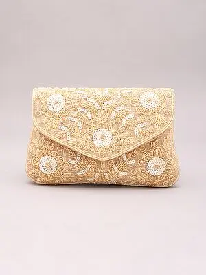 Clutch Bag with Floral Beads and Sequins Embroidery and Detachable Shoulder Chain