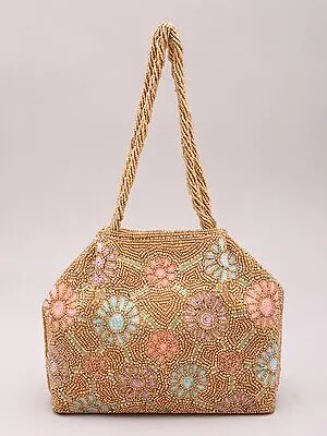 Hand Bag with Floral Dense Beads Embroidery on All-Over