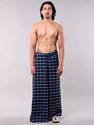 Black-Oyster Pure Cotton Mundu (Dhoti) with Woven Checks from Madurai