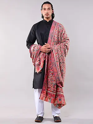 White-Pepper Kani Jamawar Extra-Wide Shawl with Flowers Woven in Multi-Colored Thread