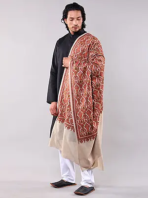 Pure Wool Men's Shawl with Multicolor Intricate Thread Embroidered Paisleys and Floral Pattern on All-Over 