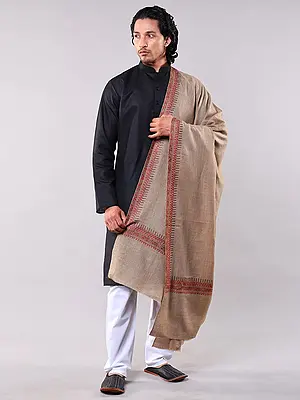 Savannah-Tan Wool Men's Shawl with Floral Sozni Embroidery on Border