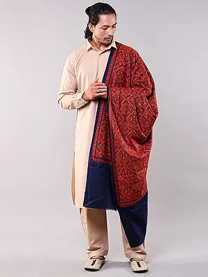 Men's Estate Blue Diamond Weave Pure Wool Shawl with Heavy Thread Embroidered Floral Patterns