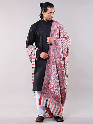 Star-White Pure Wool Kani Jamawar Shawl with Woven Multicolor Flowers and Striped Border